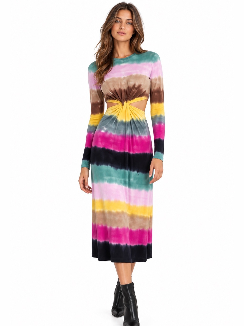 New Raquel Allegra nadia twisted cut out dress in bright tie dye rainbow striped
